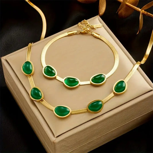 Emerald Grace™ | Oval Green Crystal Pendant Necklace Set With Bracelet